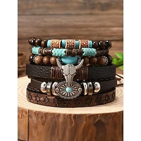 Bracelet western en cuir pour homme avec perles et pierres turquoises, motif crâne de vache, style bohème pour un usage décontracté et en extérieur