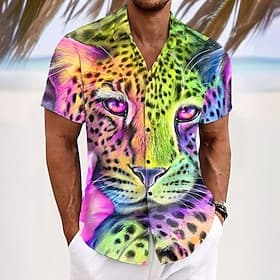 Neon Rainbow Leopard by SHEENA PIKE Men's Leopard Button Up Shirt Short Sleeve Designer Shirt Limited Artist Edition