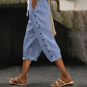 Women's Linen-feel Pants Capri Pants Slacks Summer Shorts Streetwear Casual Calf-Length Natural Striped Pocket Elastic Drawstring Design Comfy Comfortable Holi