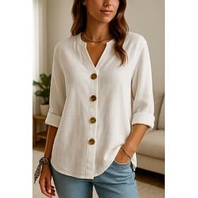 Women's 100% Cotton Shirt Button Up Buttons Plain Basic Modern Long Sleeve V Neck Regular Tops Daily White Summer