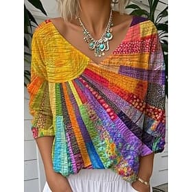 Women's Blouse Floral Graphic Striped Stylish Casual 3/4 Length Sleeve V Neck Regular Tops Daily Blue Orange Summer Spring