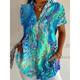 Women's Shirt Short Sleeve Button Down Blouse Floral Graphic Color Gradient Daily Casual Shirt Collar Regular Tops Daily Yellow Blue Green Summer