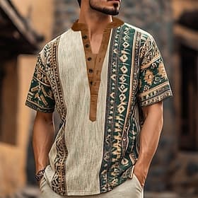 Men's Geometric Ethnic T Shirt Henley Shirt Tee Short Sleeve Designer Basic Bohemian Outdoor Casual Daily Summer Olive Brown Dark Brown Brown Khaki Henley Henl