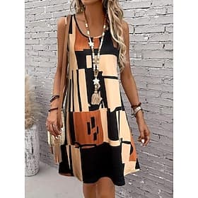 Femmes Mini Robe Robe d'Été Robe trapèze Robe d'été Vacances Occasionnel Coupe régulière Graphique Géométrique Bloc de Couleur Sans manches Col en U Marron cla
