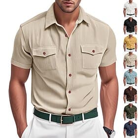 Men's Shirt Summer Shirt Casual Shirt Corduroy Shirt Button Up Shirt Cargo Shirt Black White Dark Navy Sky Blue Apricot Short Sleeve Stripes Lapel Casual Daily