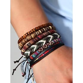 Boho flerlags perleflettet armbåndsett for menn, forskjellige materialdesign - tre, lær og tau, tribal stil, strand- og fritidsklær