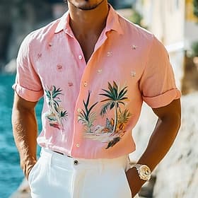 Herren Leinenhemd Sommerhemd Strandbekleidung Knopfhemd Palme Urlaub Ferien Rosa Kurzarm Umlegekragen Sommer Frühling Bekleidung
