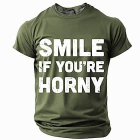 Men's Graphic T-Shirt, SMILE IF YOU'RE HORNY Funny Adult Humor Short Sleeve Novelty Tee