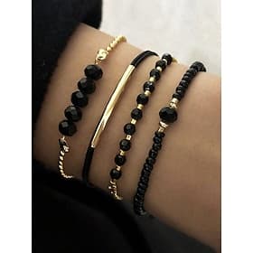 Conjunto de pulsera bohemia de cuentas negras para mujer, adorno dorado, ajustable, joyería de moda y tendencia, adecuada para uso diario, viajes y fiestas.