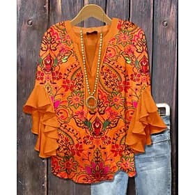 Women's Blouse V Neck Layered Ruffle Sleeve Tops Floral Graphic Bohemia Vintage Daily 3/4 Length Sleeve Regular Tops Daily Holiday Vacation Wear Print Pink Red