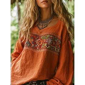 Femmes Chemise Chemises effet lin Chemise Bohème Chemisier Broderie Fleuri Occasionnel Boho manche longue Col en V Hauts Réguliers Quotidien Fête Noir Fuchsia