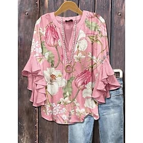 Women's Blouse V Neck Layered Ruffle Sleeve Tops Floral Graphic Vintage Daily Ethnic 3/4 Length Sleeve Regular Tops Daily Holiday Vacation Wear Print Pink Blue