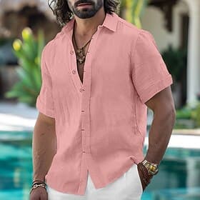 Men's Shirt Linen Shirt Summer Shirt Button Down Shirt Casual Shirt Beach Shirt Solid Color Vacation Daily Black White Pink Blue Short Sleeve Collar Summer Clo