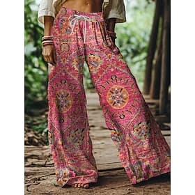 Damen Boho Weite Bein Chinos Baggy-Hose Urlaub Vintage Mode Voller Länge Hohe Taille Floral Grafik Paisley Druck Weich Atmungsaktiv Mikrodehnbar Formal Urlaub