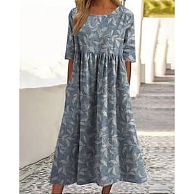Women's Midi Dress Casual Dress Floral Dress Classic Modern Outdoor Vacation Holiday Regular Fit Flower Short Sleeve Crew Neck Blue Navy Blue Green Fall