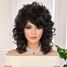 1970s Shoulder Length Synthetic Hair Wig for Women Mix Brown Wavy Curly Wig with Bangs Thick Bouncy Chocolate Brown Hair Replacement Wig Costume Party Daily Us