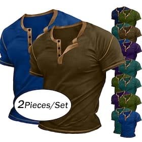 2 Piece Men's Henley Shirt Tee Top Short Sleeve Plain Raglan Sleeve Fashion Designer Basic Button Up 2 Pack Henley Vacation Street Casual Summer All Season