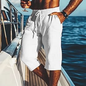 Men's Shorts Linen Shorts Summer Shorts Beach Shorts Drawstring Pocket Elastic Waist Plain Comfort Breathable Calf-Length Beach Vacation Holiday Hawaiian Boho
