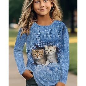 Fille 3D Animal Chat T-shirt manche longue Printemps Automne Mode Basique Enfants 4-12 ans Col Rond Extérieur Occasionnel Quotidien Coupe régulière