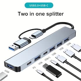 Adaptador multiporta 7 em 1 USB C divisor de hub USB 3.0 com PD tipo C, 5 portas USB, compatível com OTG, para Macbook, PC, Tablet, PS4