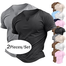 Homme T-shirt en coton mélangé Manche Courte Col ras du cou Col en V Été Toutes saisons Uni Mode Classique Occasionnel Col en V Basique 2 pièces assorties Occa
