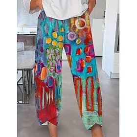 Femmes Pantalon en coton et lin Vacances ancien Style Ethnique Longueur complète Taille haute Cordon de serrage Impression Vacances Rue Décontracté Rouge rubis