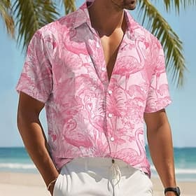Men's Flamingo Bird Tropical Plants Shirt Summer Hawaiian Shirt Button Up Shirt Short Sleeve Hawaiian Resort Vacation Holiday Beach Wear Summer Spring Turndown