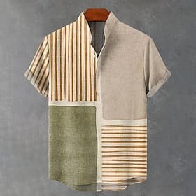 Herren Leinenhemd Popover-Hemd Henley Hemd Retro-Shirts Vintage-Shirt Ethno-Hemd Gestreift Urlaub Lässig Khaki Kurzarm Mandarinkragen Sommer Frühling Bekleidun