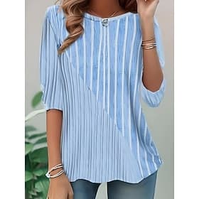 Women's T shirt Long Sleeve Crew Neck Long Sleeve Tunic Graphic Geometric Striped Elegant Vintage Round Neck Regular Tops Daily Going out Weekend Print Pink Bl