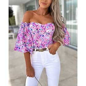 Women's Boho Shirt Blouse Print Flower Modern Boho Long Sleeve Off Shoulder Regular Tops Daily Going out Wine Red Purple Fuchsia Summer