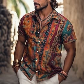 Men's Boho Retro Indian Shirt Summer Hawaiian Shirt Button Up Shirt Short Sleeve Hawaiian Vacation Holiday Beach Wear Summer Spring Turndown 3D Print Collared