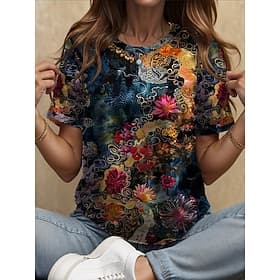 Femmes T-shirt Imprimé Fleuri Graphique Plantes Bohème ancien Élégant Manche Courte Col ras du cou Col rond Hauts Réguliers Quotidien Sortir Week-end Bleu Jaun