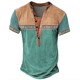 Men's Tribal Ethnic T Shirt Henley Shirt Tee Short Sleeve Designer Basic Ethnic Outdoor Casual Daily Summer Lake blue Black Light Green Dark Blue Light Blue He