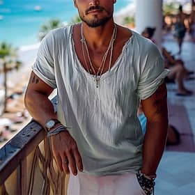Men's T Shirt Tee Short Sleeve Shirt Tee Top Short Sleeve V Neck Summer Plain Fashion Designer Basic Classic Vacation Street Going out Black White Light Green