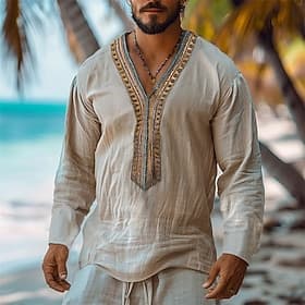 Herren Hemd Leinenhemd Popover-Hemd Sommerhemd Strandbekleidung Strandhemd Einfarbig Urlaub Ferien Beige Langarm Stehkragen Sommer Frühling Bekleidung