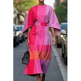 Femmes Robe Longue Maxi Robe Robe Décontractée Robe d'été Mode Moderne Quotidien Date Week-end Coupe régulière Géométrique Manche 3/4 Col ras du cou Bleu Rose