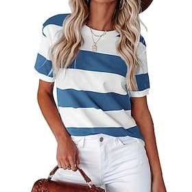Damen T Shirt Druck Grafik Gestreift Vintage Stilvoll Lässig Kurzarm Rundhalsausschnitt Normale Oberteile Täglich Wochenende Blau Schwarz Staubiges Blau Orange