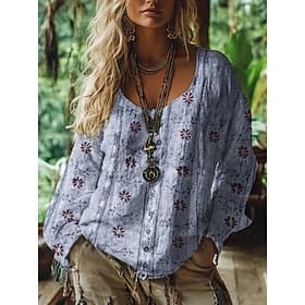 Women's Boho Floral Print Blouse Long Sleeve V Neck Casual Western Shirt Top for Summer Fall