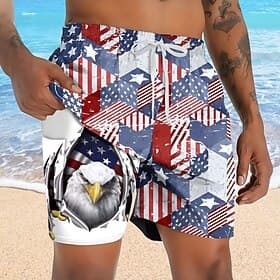 Independence Day Men's 4th of July U.S. 250th Anniversary Eagle Patriotic Lined Shorts 2 in 1 Board Shorts Swim Trunks Mid Waist Holiday Side Pockets With Comp