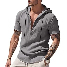 Men's Shirt Linen Shirt Summer Shirt Beach Wear Hooded Shirt Solid Color Vacation Street Black White Green Khaki Short Sleeve Hooded Summer Spring Clothing App