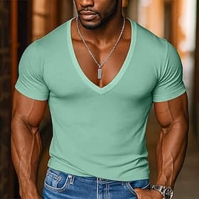 Homme T-shirt Manches courtes Col en V Été Couleur Unie Mode Designer Basique Col en V Occasionnel Vacances Rue Rose Claire T-shirt haut de gamme pour homme