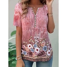 Femmes Chemise en coton Boutons Imprimé Fleuri Graphique Plantes Basique Manche Courte Col rond Hauts Réguliers Quotidien Week-end Tenue de plage Rose Claire V