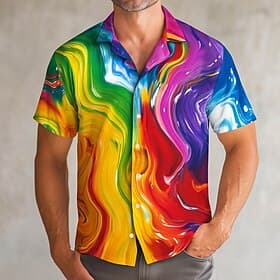Men's Rainbow Waves Pride Shirt Casual Shirt Cuban Collar Shirt Short Sleeve Fashion Casual Holiday Summer Spring Stand Collar Camp Collar Shirt 3D Print Rainb