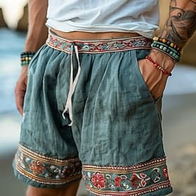 Men's Shorts Linen Shorts Summer Shorts Beach Shorts Drawstring Patchwork Elastic Waist Plain Comfort Breathable Knee Length Casual Daily Holiday Vacation Hawa
