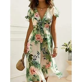 Femmes Robe Midi Robe trapèze Occasionnel Extérieur Sortir Plage Coupe Standard Fleuri Graphique Manche Courte Col en V Vert Été Printemps