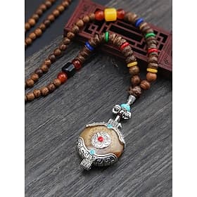 Men's Natural Wood Bead Necklace with Tibetan Totem Pendant, Boho Ethnic Style Long Chain Jewelry for Meditation, Yoga, Spiritual Gatherings and Casual Summer