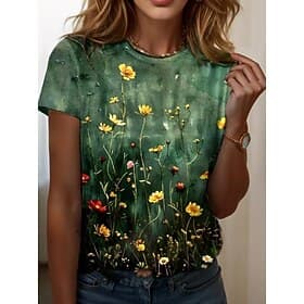 Femmes T-shirt Imprimé Fleuri Graphique Plantes ancien Élégant Classique Manche Courte Col ras du cou Col rond Hauts Réguliers Quotidien Bleu Noir et rouge Ver