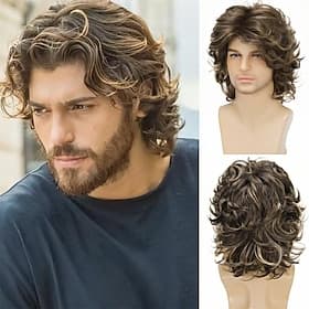 Peluca corta marrón para hombre, mezcla de rubio, esponjosa, ondulada, en capas, para cosplay, rockero, fiesta, disfraz de Halloween, cabello sintético.