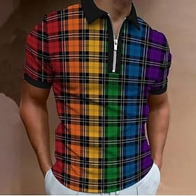 Men's Rainbow Grid Pattern LGBT Zip Polo Short Sleeve Turndown Casual Daily Trendy Casual Daily Outdoor Zipper Summer Black