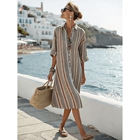 Damen Midikleid T-Shirt-Kleid Urlaub Geburtstag Lässig Outdoor Strand Ausgehen Lässiger Schnitt Grafik Gestreift Langarm Umlegekragen Khaki Sommer Frühling